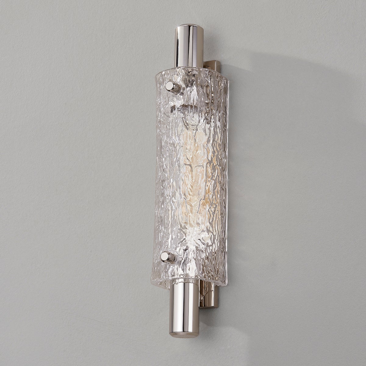 Close-up of the Harwich Wall Sconce 3.5" x 18" in polished nickel showing the arm curve and shade silhouette.