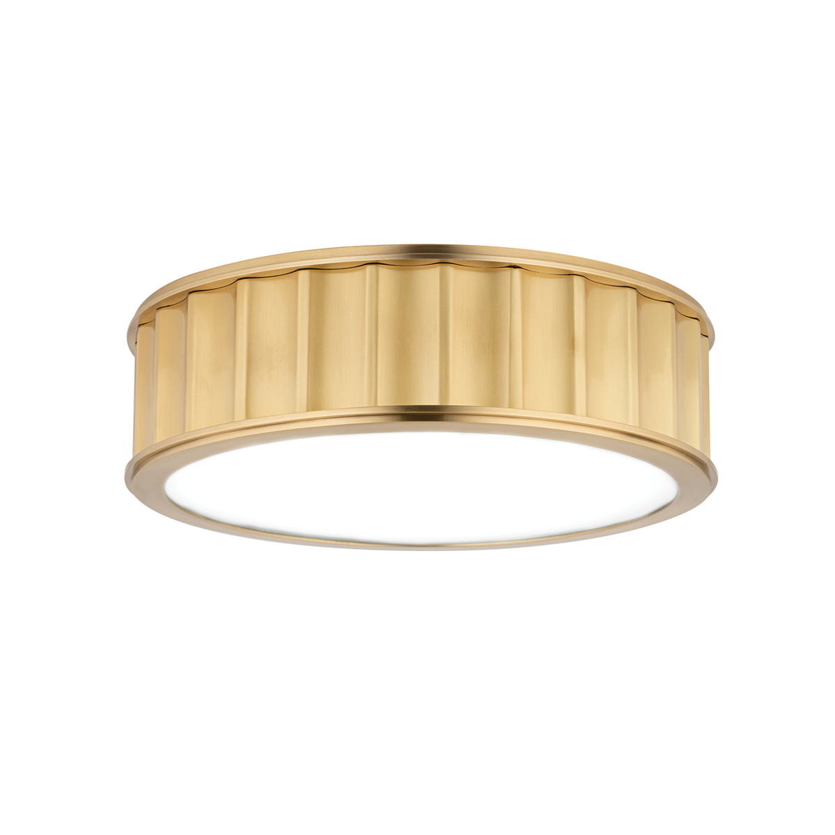 Middlebury Flush Mount 13" x 3.75" in aged brass shown from the front to reveal the shade profile and mounting canopy.