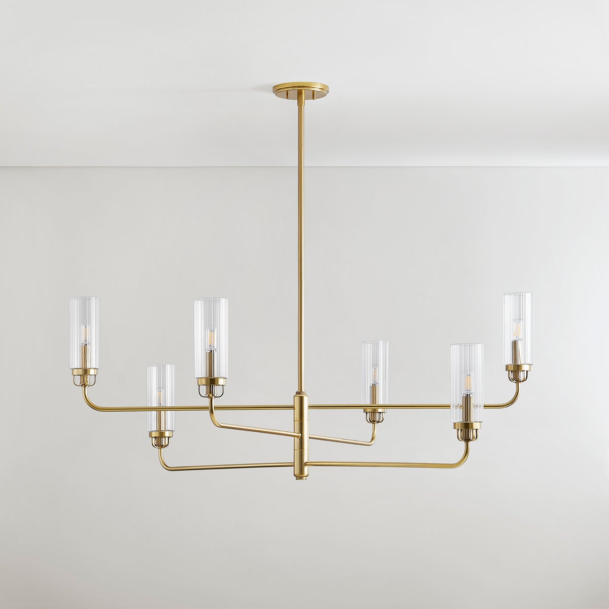 Halifax Chandelier in aged brass shown from a second angle to highlight the frame, arms, and shade detail.