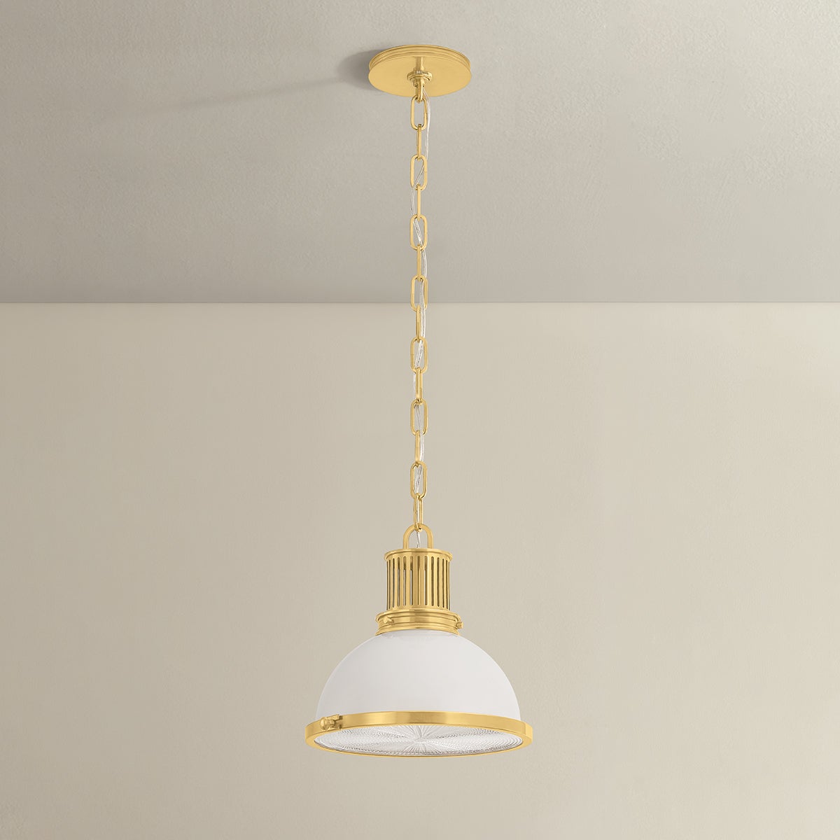 Pinesbridge Pendant 10.5" in aged brass shown from the front to reveal the shade shape and metal detail.