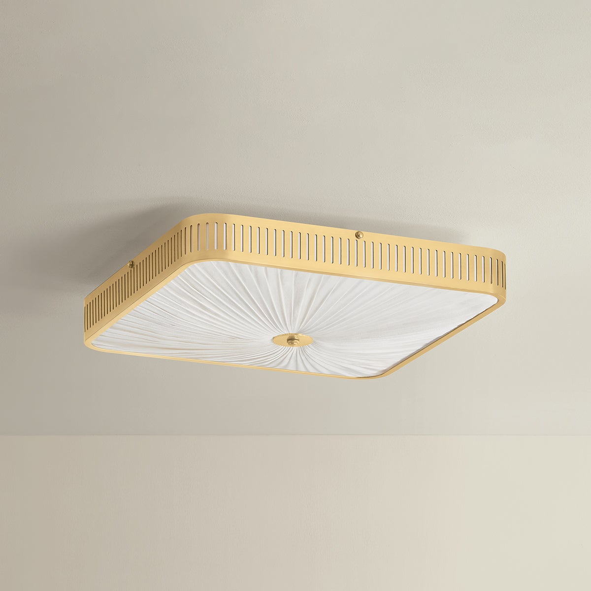 Henri Semi Flush 20.5" in aged brass shown from a second angle to highlight the shade profile and mounting canopy.