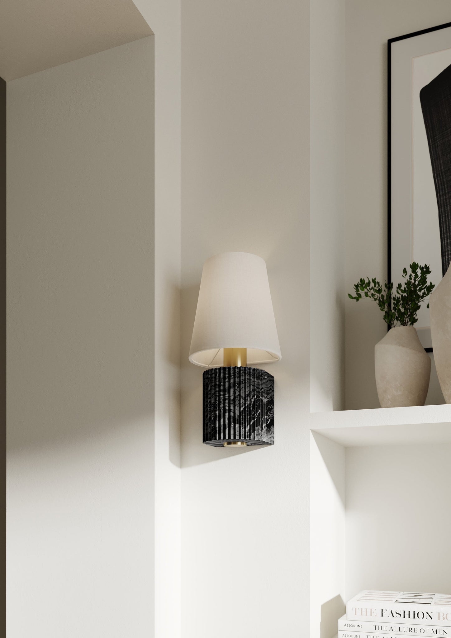 Aden Wall Sconce styled in a modern bathroom for warm, layered light at Laurie Yapp Home.