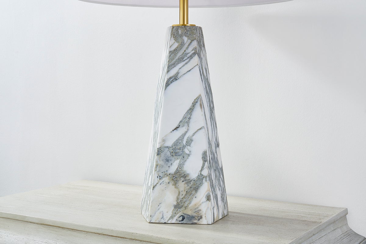 Benicia Table Lamp in aged brass shown from a second angle to highlight the base and shade proportions.