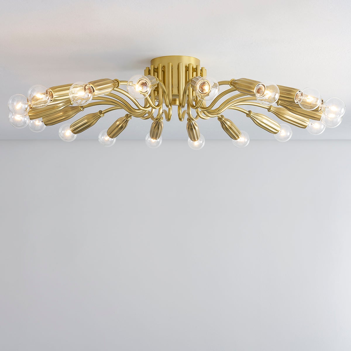 Barney Semi Flush 31.5" in aged brass shown from a second angle to highlight the shade profile and mounting canopy.