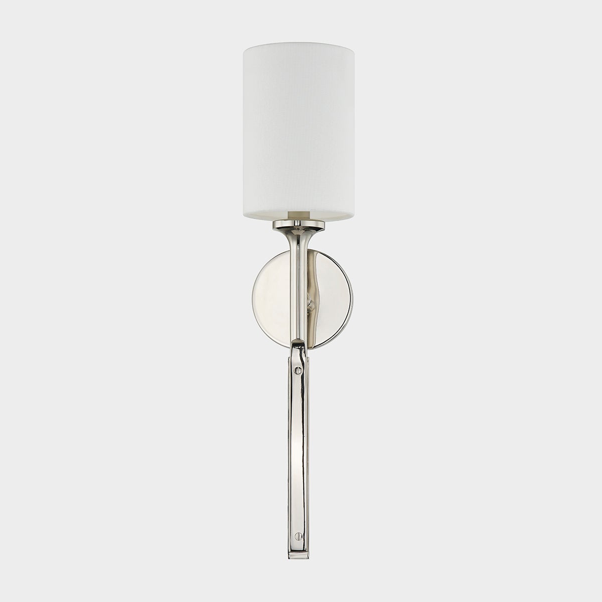 Close-up of the Brewster Wall Sconce in polished nickel showing the arm curve and shade silhouette.
