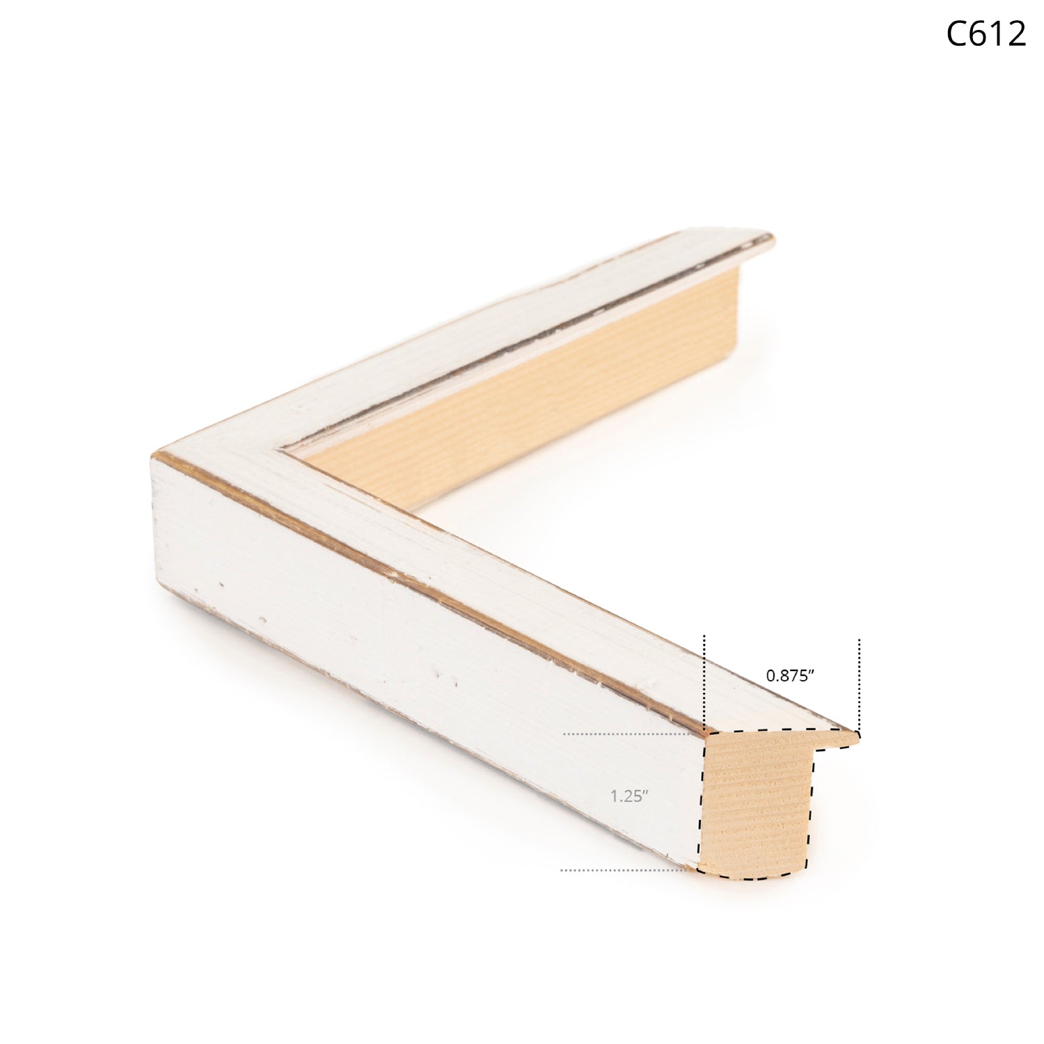 White wooden frame corner with a distressed finish, showcasing a simple and elegant design.
