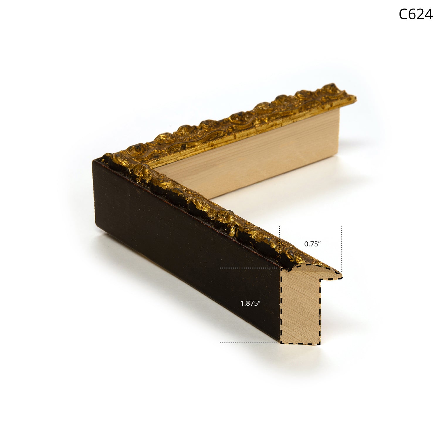 Gold decorative picture frame corner with dark wood and intricate detailing