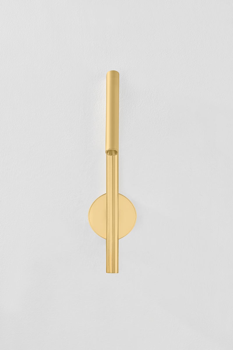 Circleville Wall Sconce in aged brass shown from a second angle to highlight the arm curve and shade silhouette.