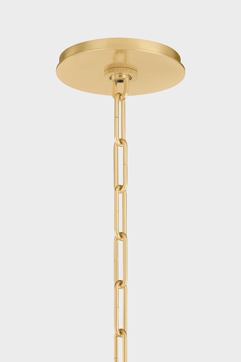Durland Chandelier 55" in aged brass shown from a second angle to highlight the frame, arms, and shade detail.