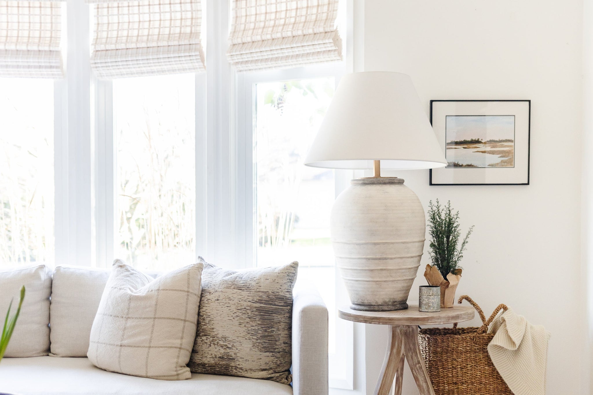 Decatur Table Lamp styled in a curated console for warm, layered light at Laurie Yapp Home.