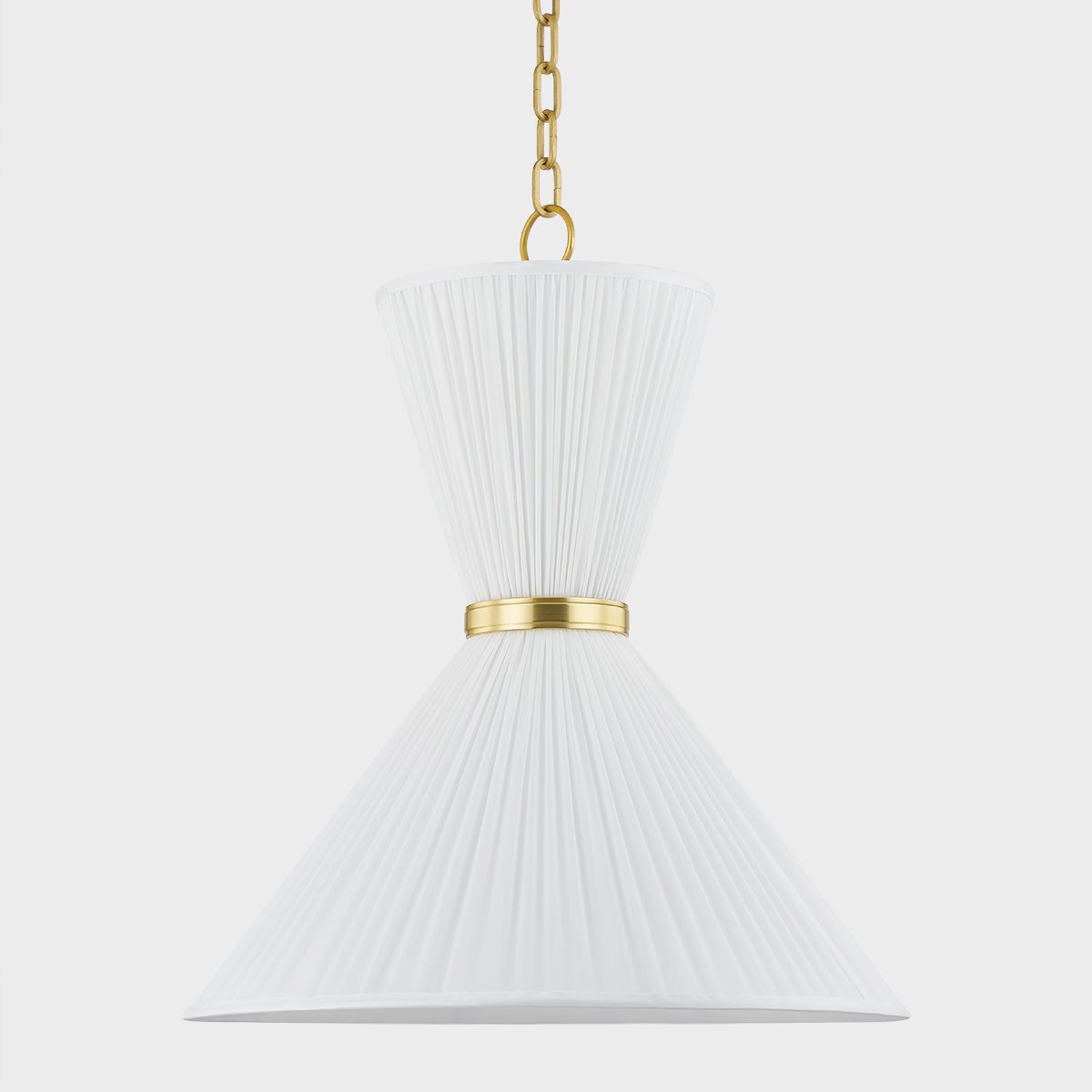 Enid Pendant 22" in aged brass shown from a second angle to highlight the shade shape and metal detail.