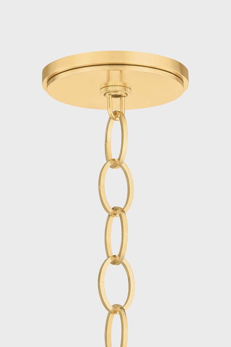 Enosburg Pendant 11" in aged brass shown from a second angle to highlight the shade shape and metal detail.