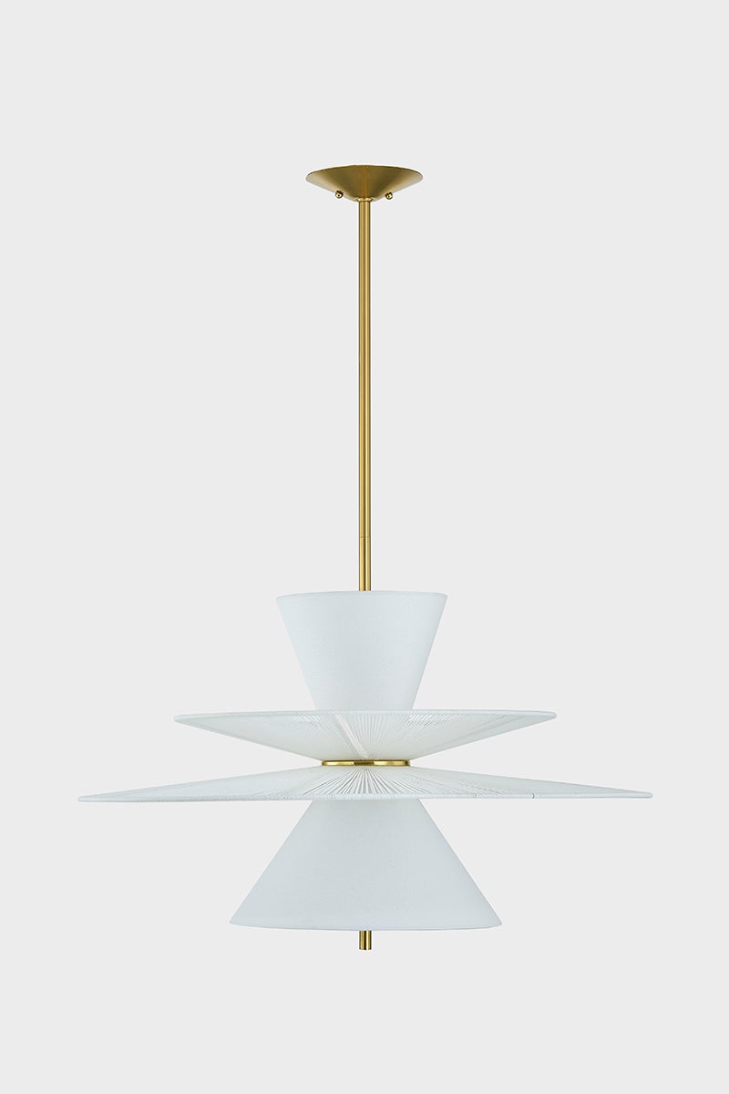 Esperance Pendant in aged brass shown from a second angle to highlight the shade shape and metal detail.