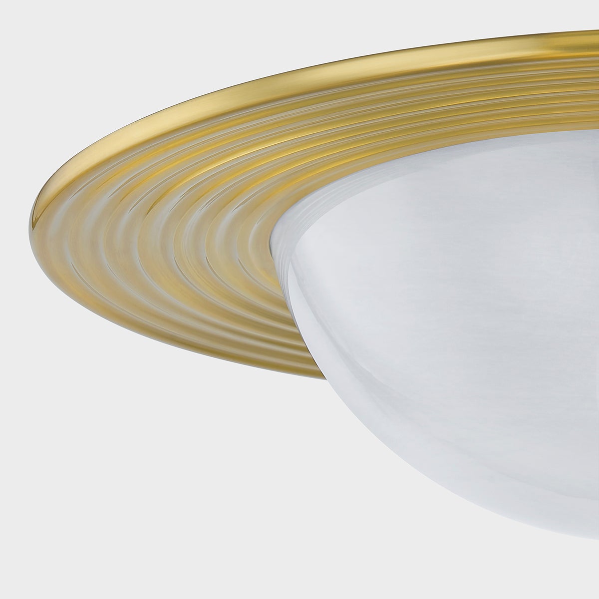 Close-up of the Geraldton Flush Mount 21" in aged brass showing the shade profile and mounting canopy.