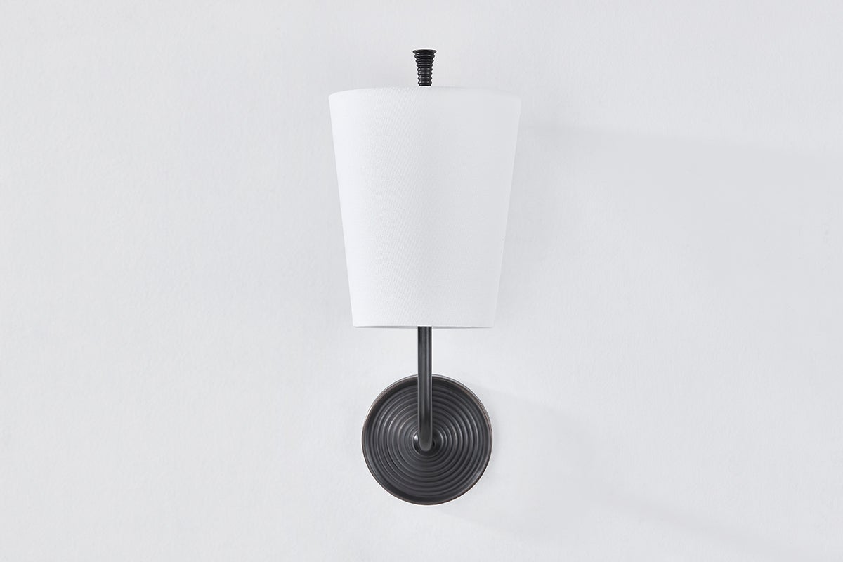 Gladstone Wall Sconce in dark bronze shown from a second angle to highlight the arm curve and shade silhouette.