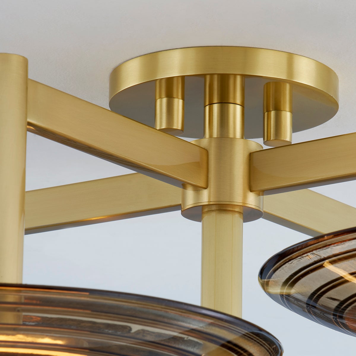 Griston Semi Flush 28" in aged brass shown from a second angle to highlight the shade profile and mounting canopy.