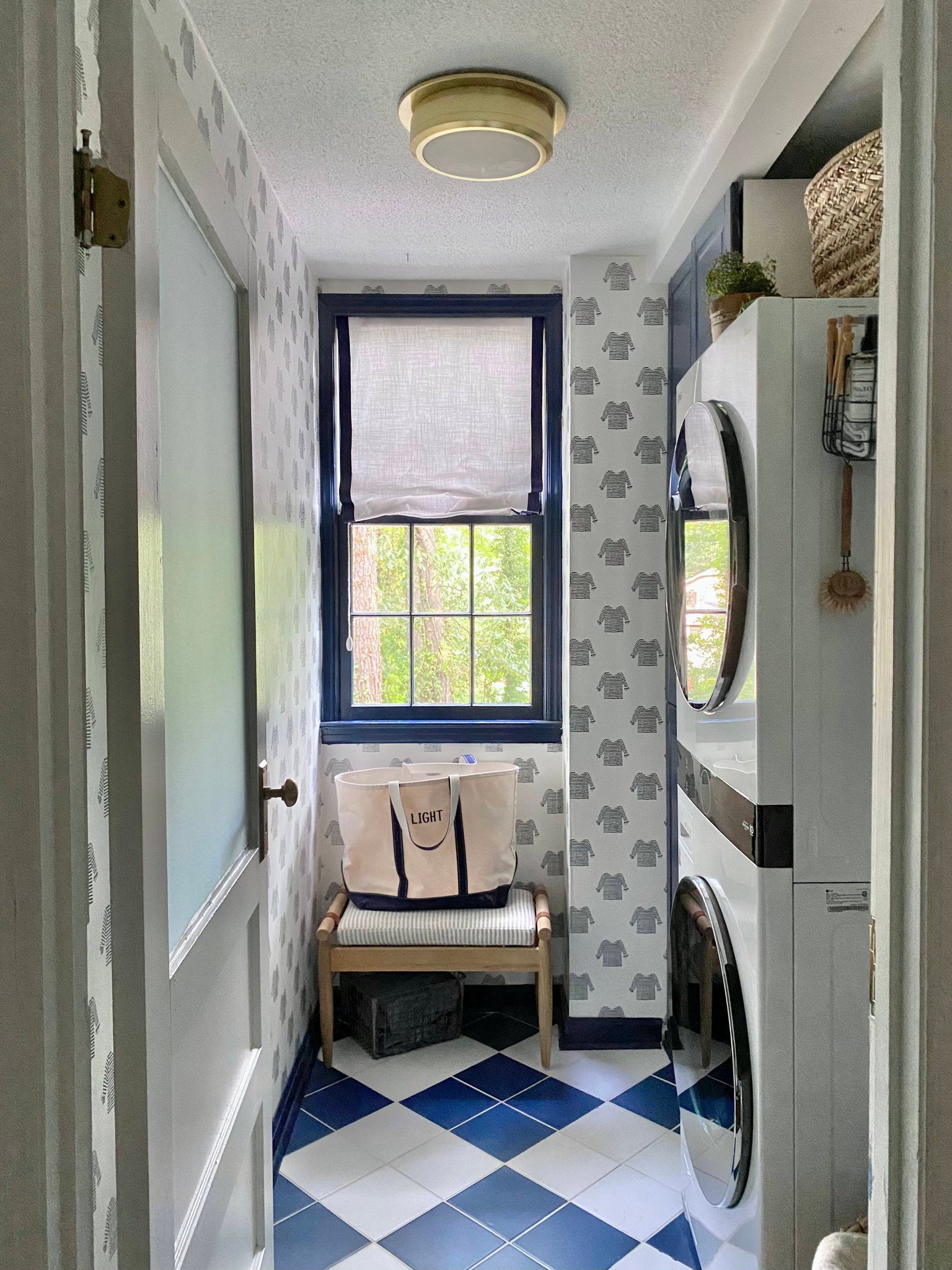 Greenport Flush Mount 14" in aged brass styled in an entryway for warm, layered light at Laurie Yapp Home.
