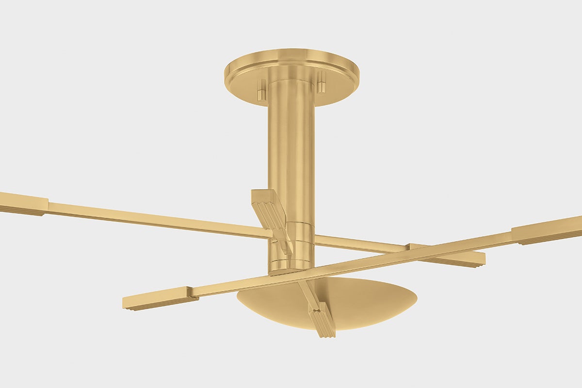 Johnson Semi Flush in aged brass shown from a second angle to highlight the shade profile and mounting canopy.