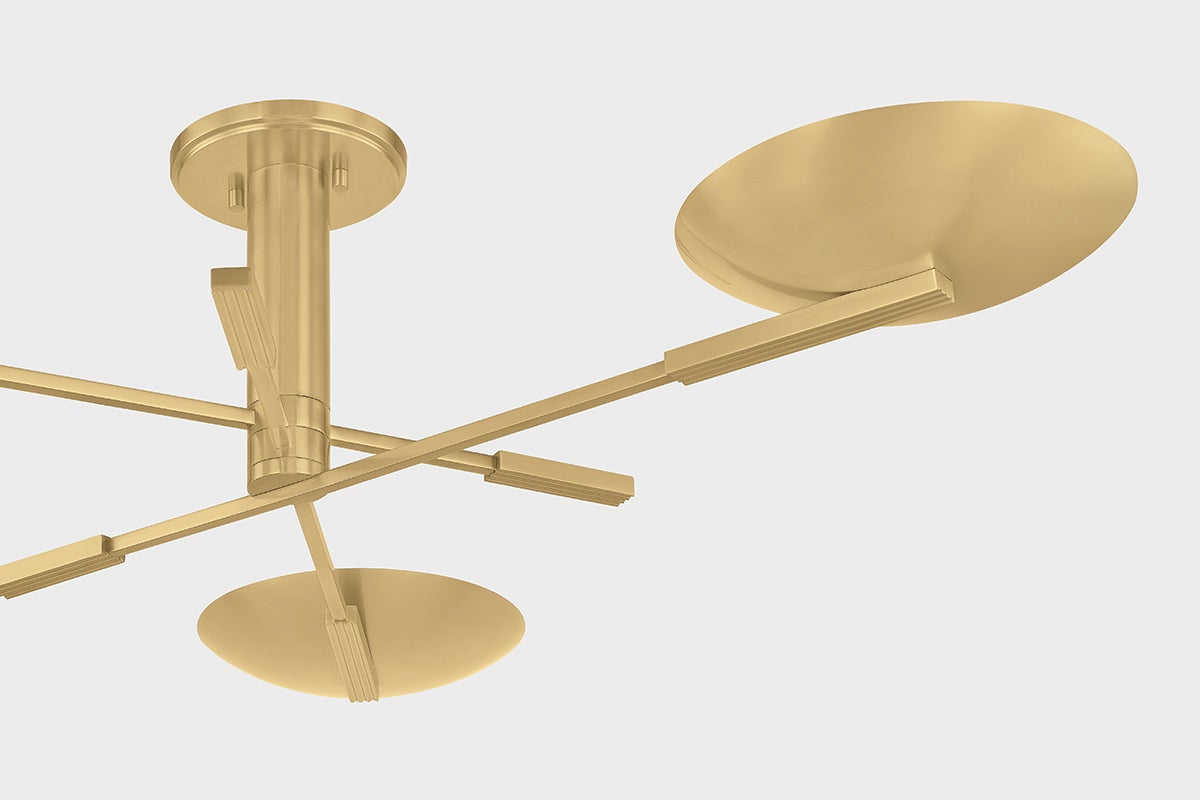 Johnson Semi Flush in aged brass shown from the front to reveal the shade profile and mounting canopy.