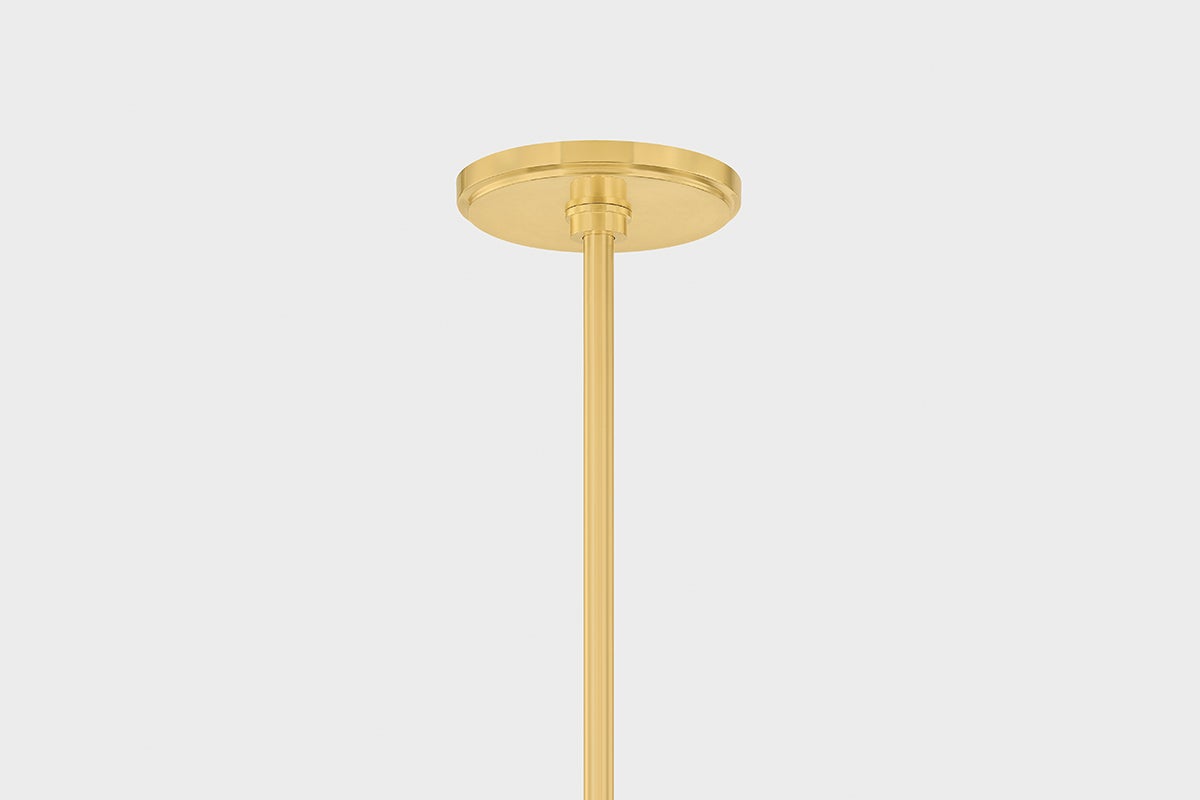 Johnson Chandelier in aged brass shown from a second angle to highlight the frame, arms, and shade detail.