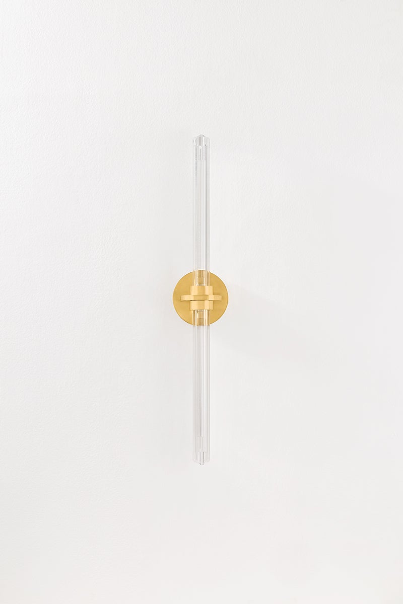 Knighton Bath And Vanity in aged brass shown from a second angle to highlight the arm spread and shade silhouette.
