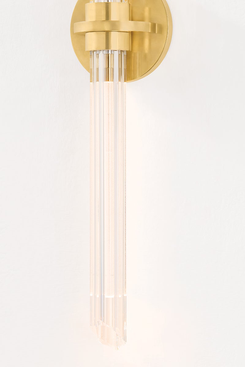 Close-up of the Knighton Bath And Vanity in aged brass showing the arm spread and shade silhouette.