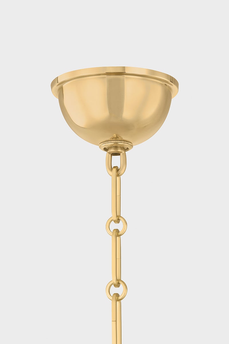 Kensington Pendant 14.75" in aged brass shown from a second angle to highlight the shade shape and metal detail.
