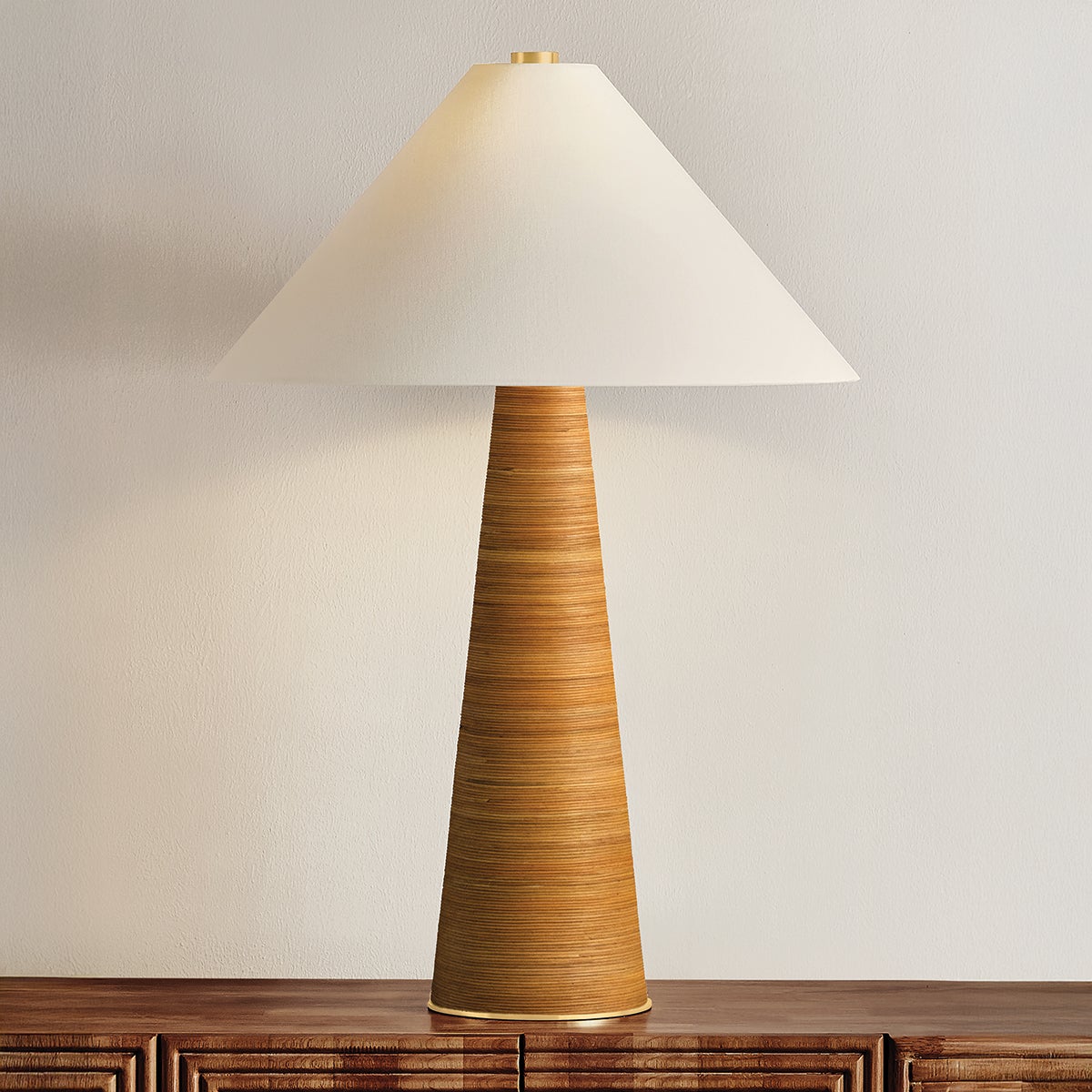 Haviland Table Lamp in aged brass shown from a second angle to highlight the base and shade proportions.