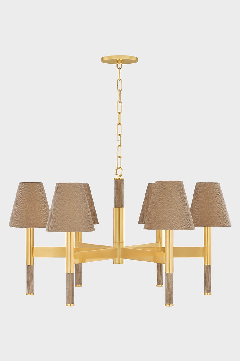 Lindenwood Chandelier 33.5" in aged brass shown from a second angle to highlight the frame, arms, and shade detail.