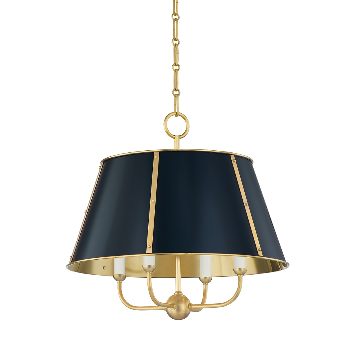 Cambridge Chandelier 20.25" in aged brass shown from a second angle to highlight the frame, arms, and shade detail.