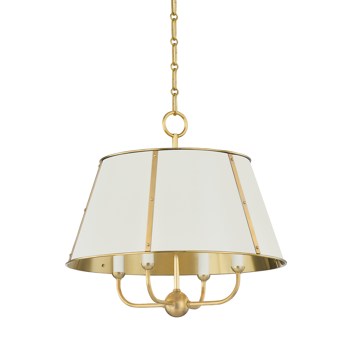 Cambridge Chandelier 20.25" in aged brass shown from the front to reveal the frame, arms, and shade detail.
