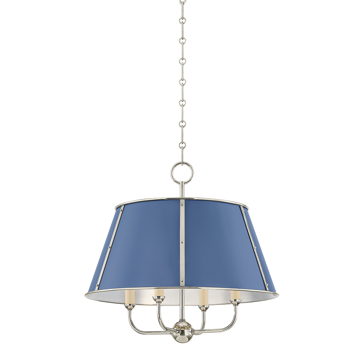 Close-up of the Cambridge Chandelier 20.25" in polished nickel showing the frame, arms, and shade detail.