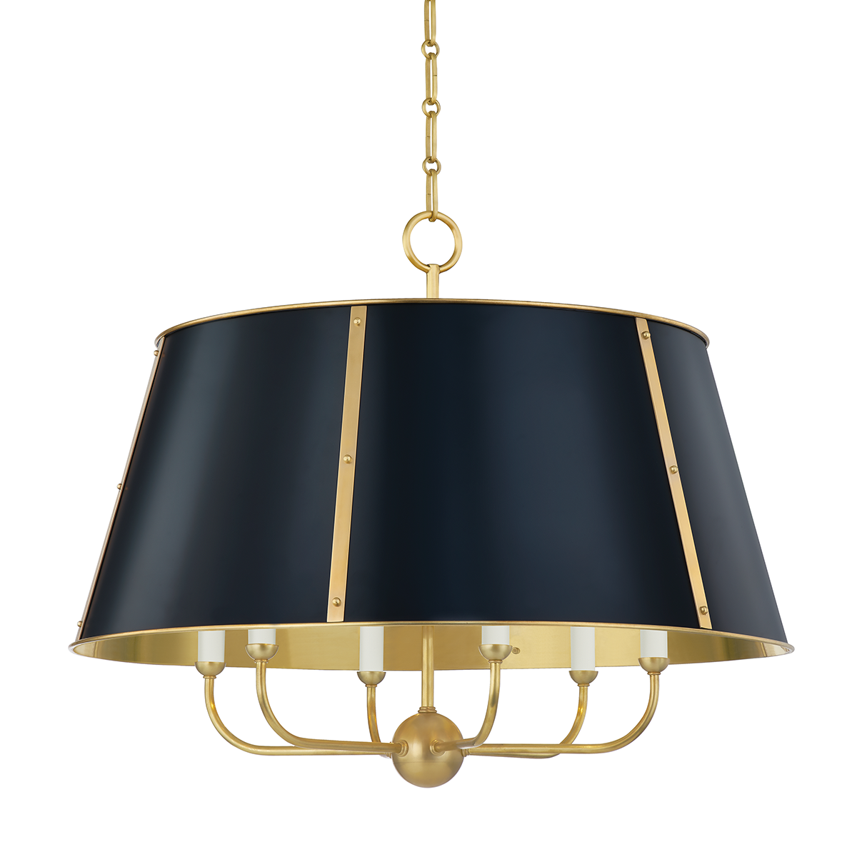 Cambridge Chandelier 28.5" in aged brass shown from a second angle to highlight the frame, arms, and shade detail.