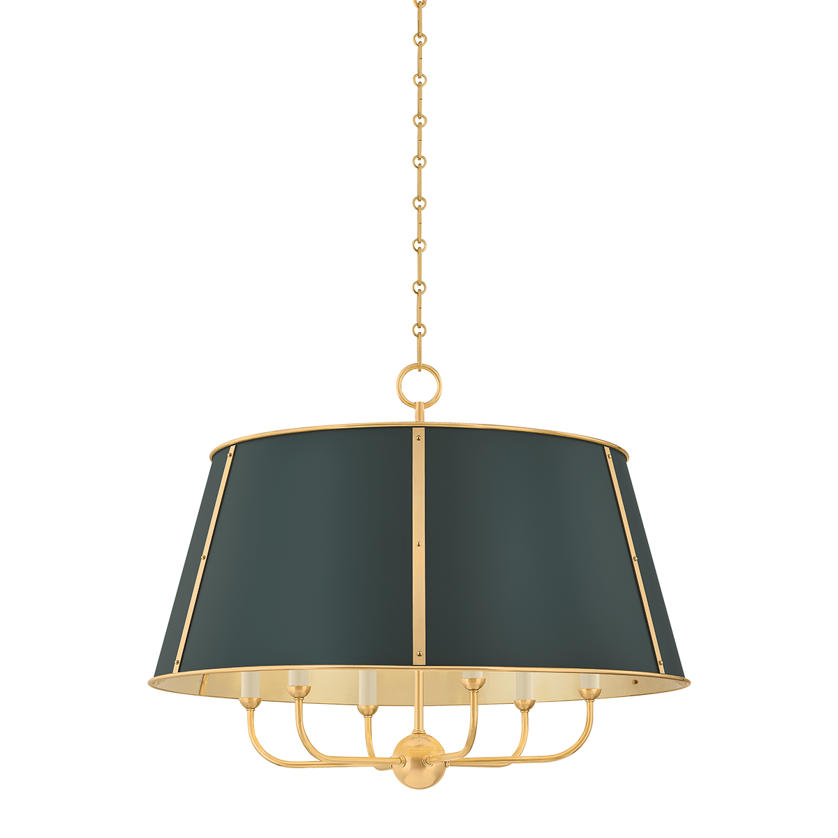Close-up of the Cambridge Chandelier 28.5" in aged brass showing the frame, arms, and shade detail.