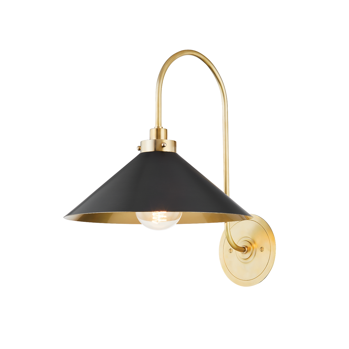 Clivedon Wall Sconce in aged brass shown from a second angle to highlight the arm curve and shade silhouette.