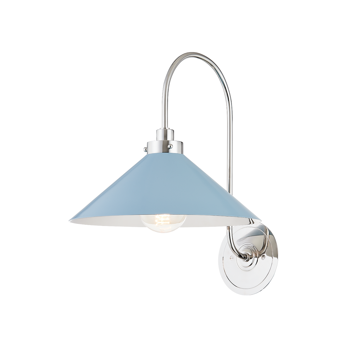 Close-up of the Clivedon Wall Sconce in polished nickel showing the arm curve and shade silhouette.