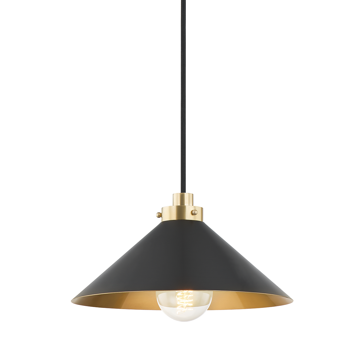 Clivedon Pendant 12" in aged brass shown from a second angle to highlight the shade shape and metal detail.