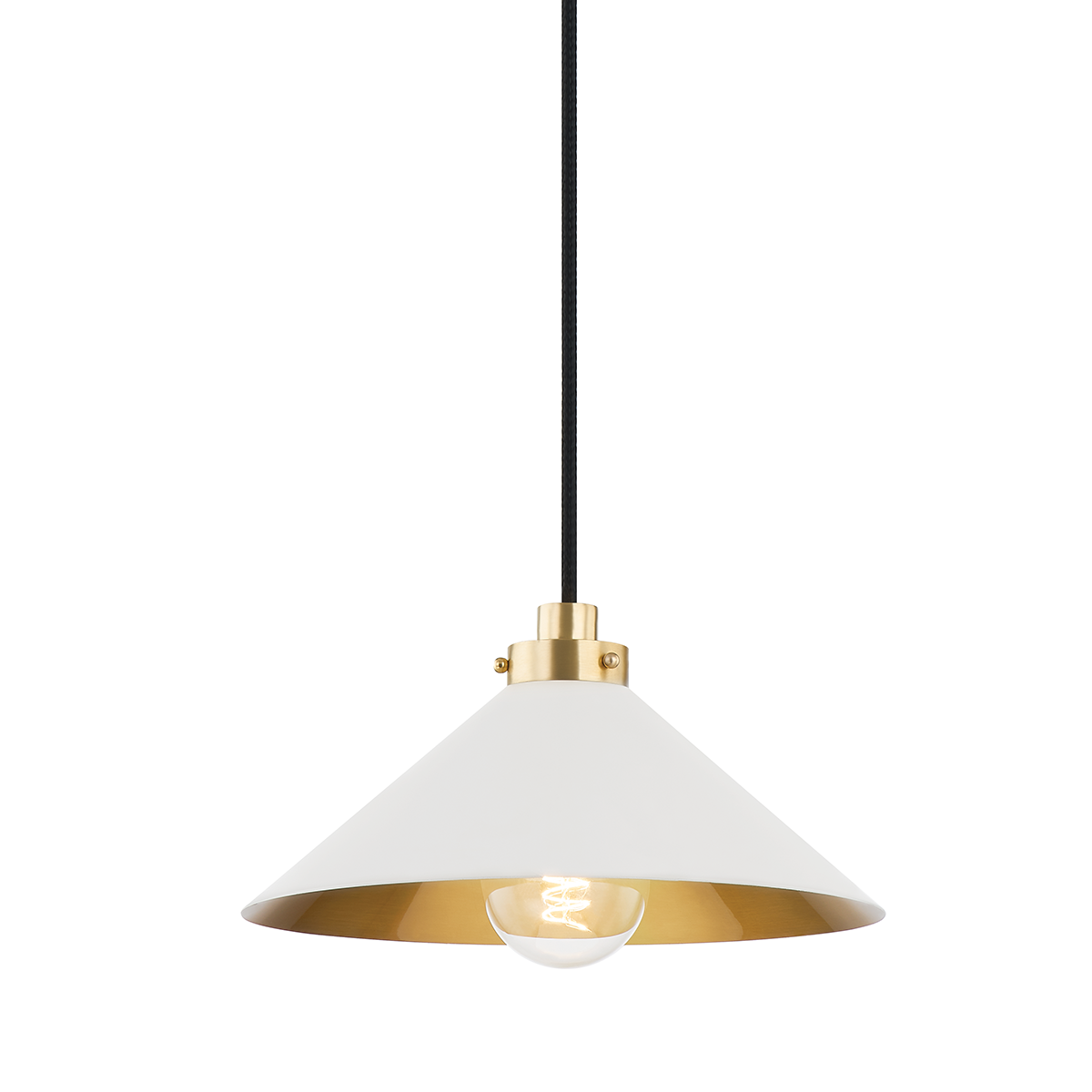 Clivedon Pendant 12" in aged brass shown from the front to reveal the shade shape and metal detail.