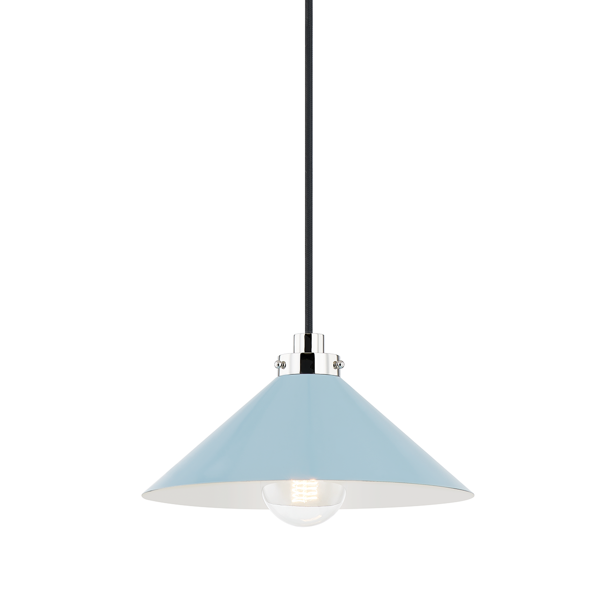 Close-up of the Clivedon Pendant 12" in polished nickel showing the shade shape and metal detail.