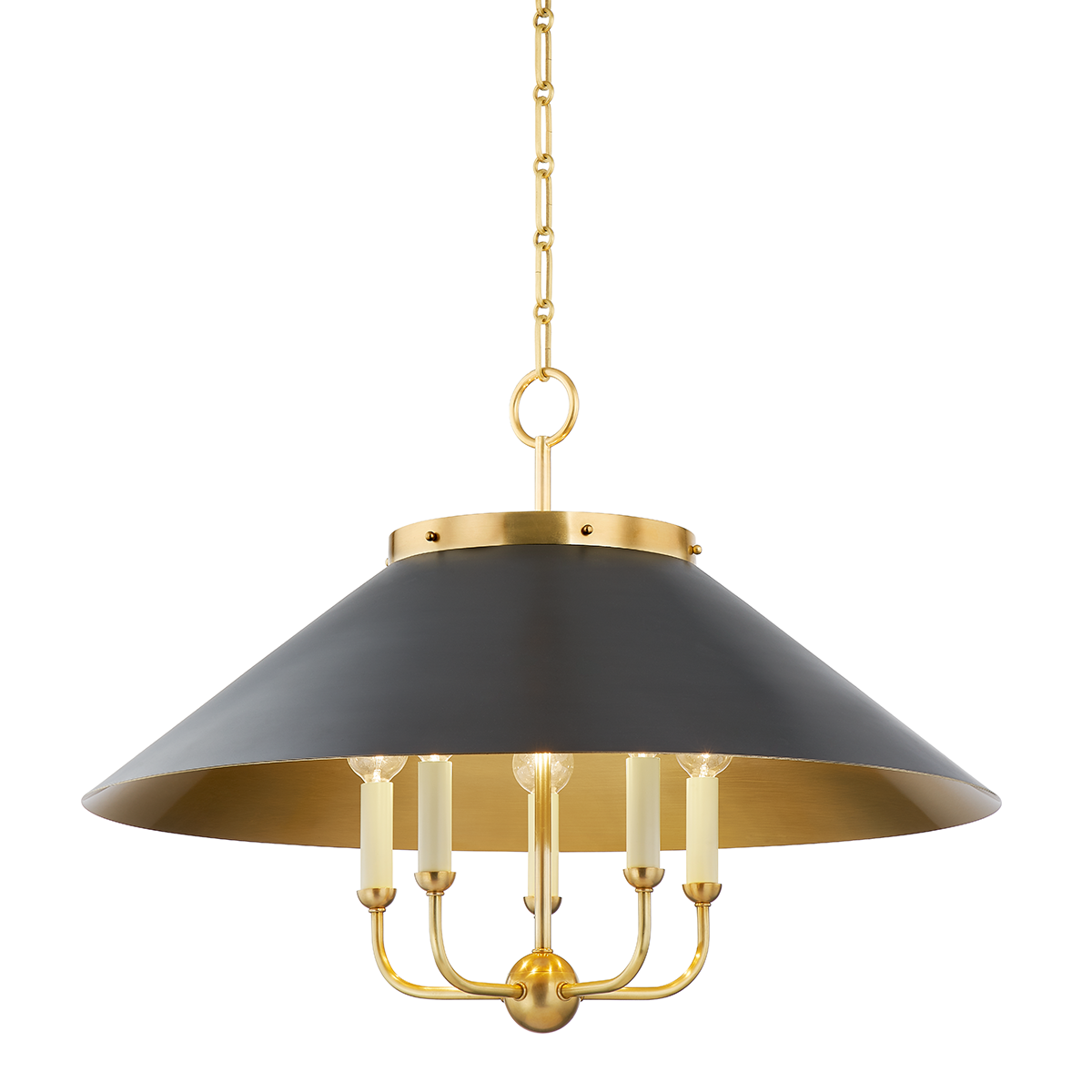 Clivedon Chandelier in aged brass shown from a second angle to highlight the frame, arms, and shade detail.