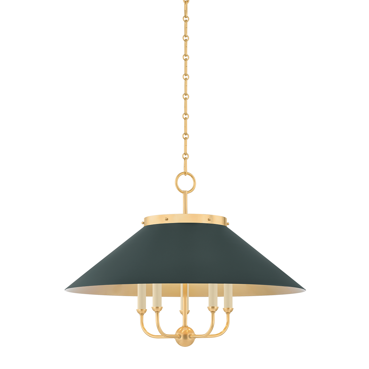 Close-up of the Clivedon Chandelier in aged brass showing the frame, arms, and shade detail.