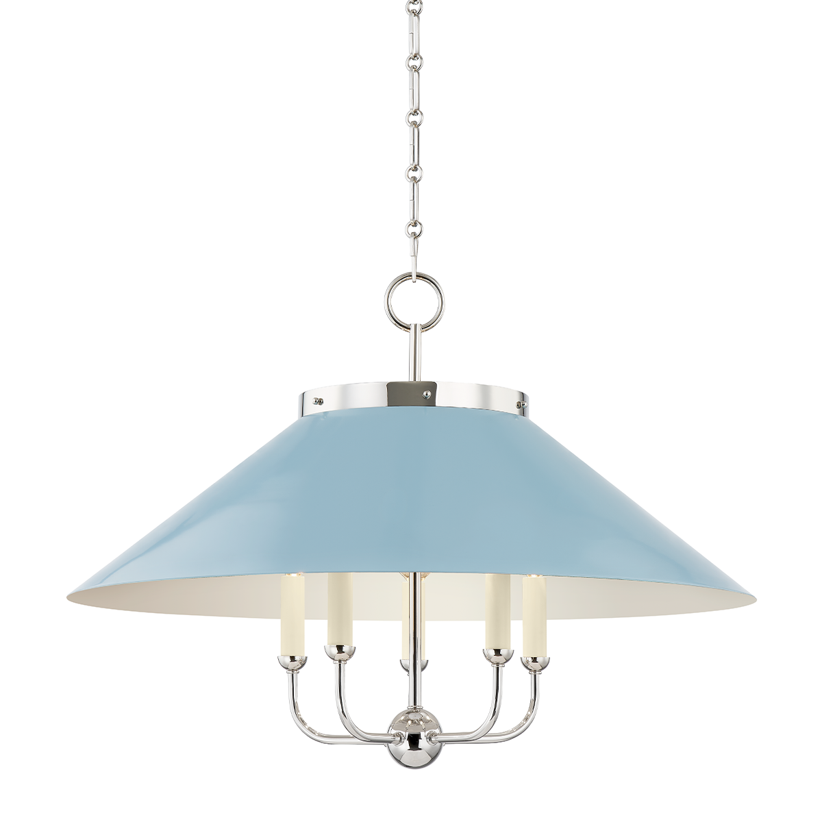 Close-up of the Clivedon Chandelier in polished nickel showing the frame, arms, and shade detail.