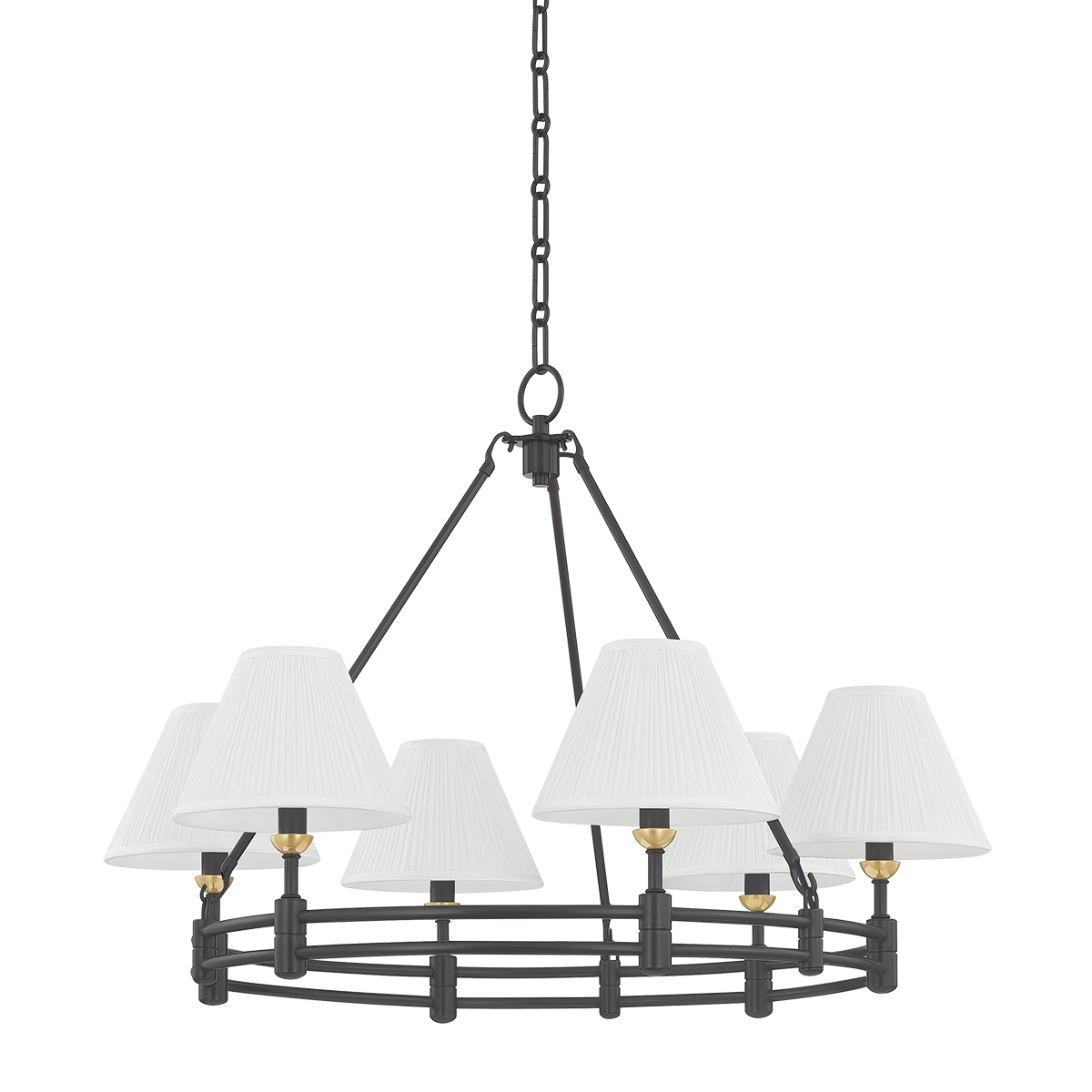 Howard Chandelier 32.75" x 23" in aged brass shown from a second angle to highlight the frame, arms, and shade detail.