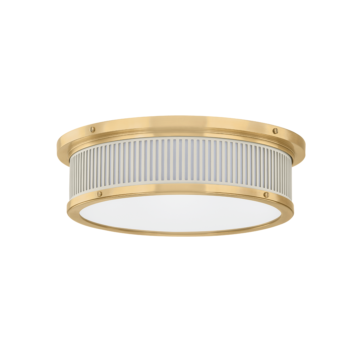 Ashdown Flush Mount 14" x 4" in aged brass shown from a second angle to highlight the shade profile and mounting canopy.