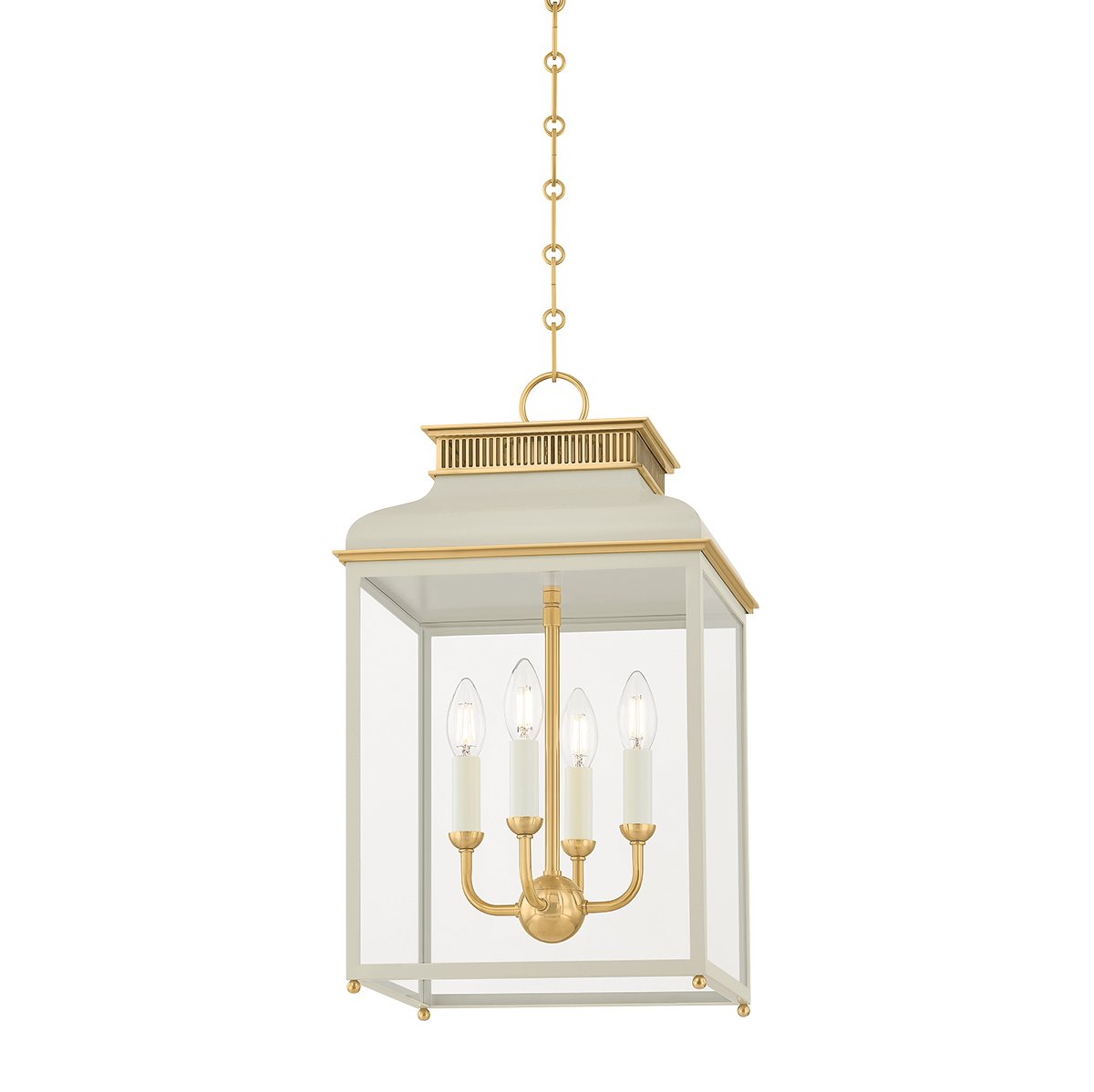 Houghton Lantern 12.75" in aged brass shown from a second angle to highlight the frame and glass panel detail.