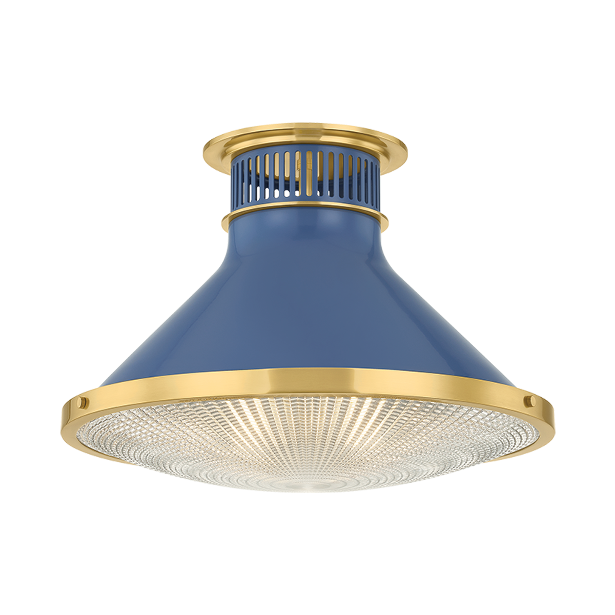 Highclere Flush Mount 17.75" in aged brass shown from a second angle to highlight the shade profile and mounting canopy.