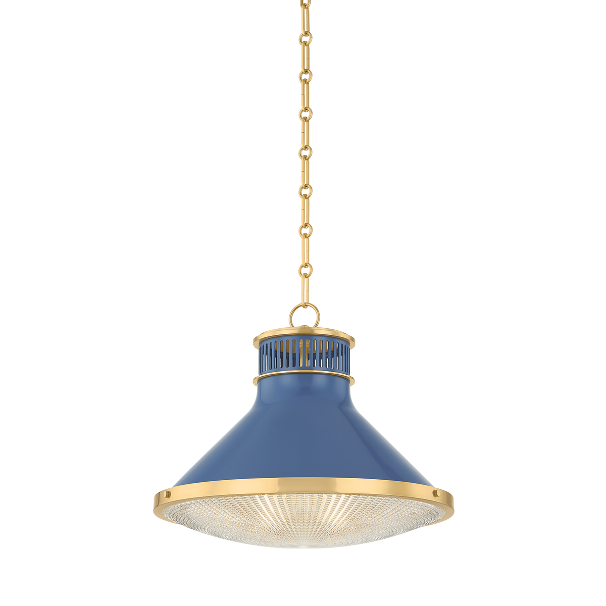 Highclere Pendant 17.75" in aged brass shown from a second angle to highlight the shade shape and metal detail.