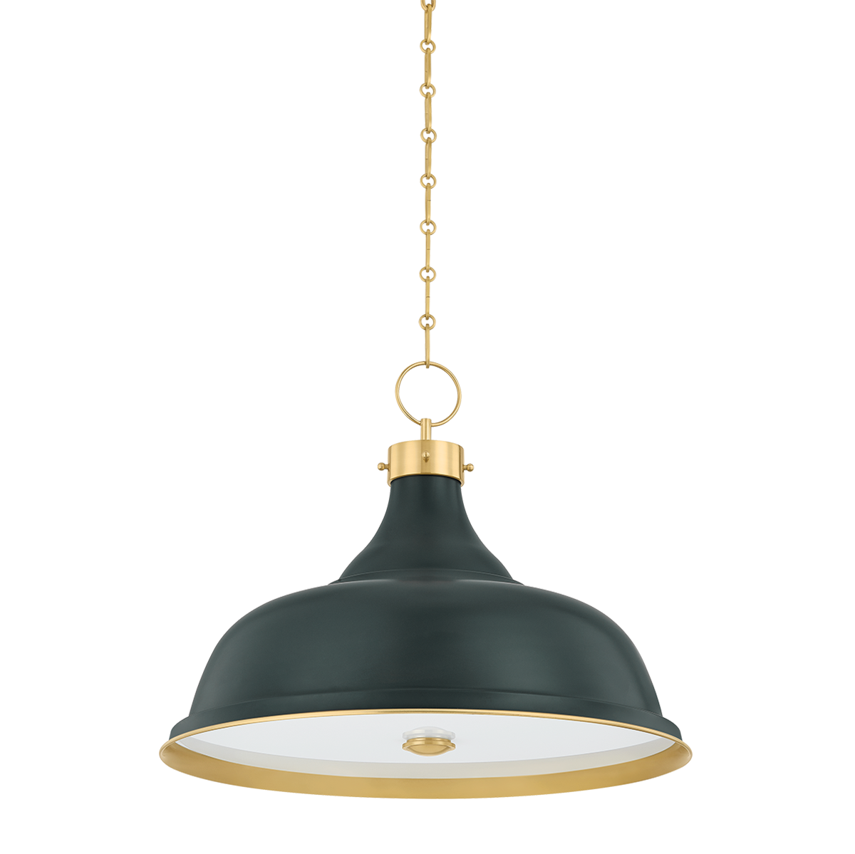 Painted No. 1 Pendant 23.5" in aged brass shown from the front to reveal the shade shape and metal detail.