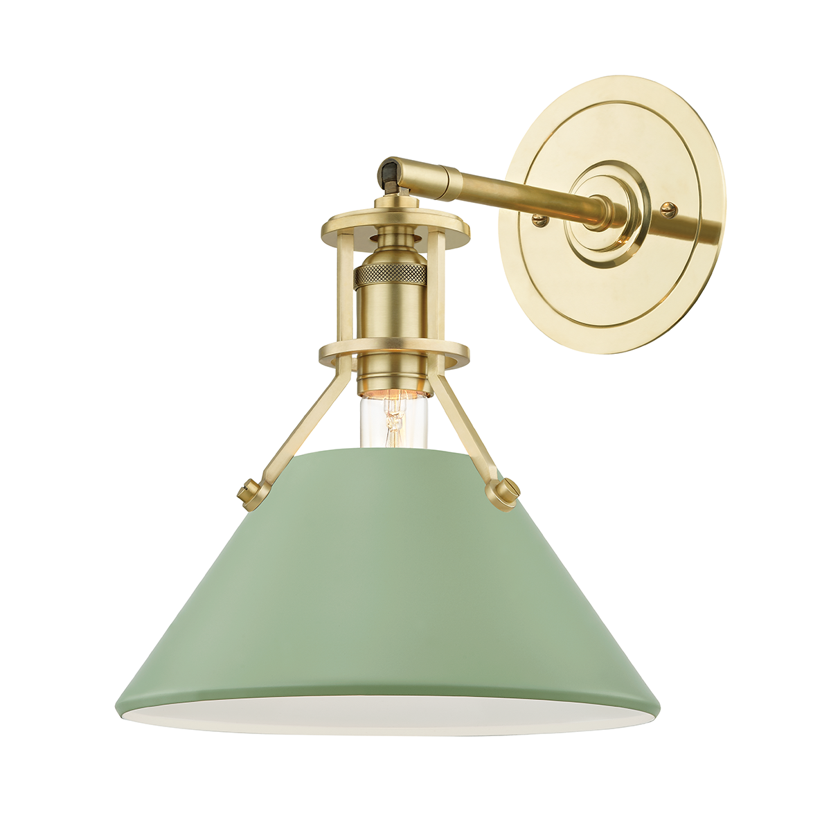Close-up of the Painted No. 2 Wall Sconce in aged brass showing the arm curve and shade silhouette.