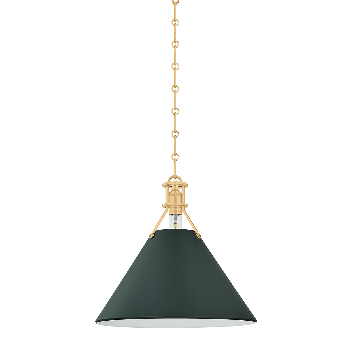 Close-up of the Painted No. 2 Pendant 16" in aged brass showing the shade shape and metal detail.